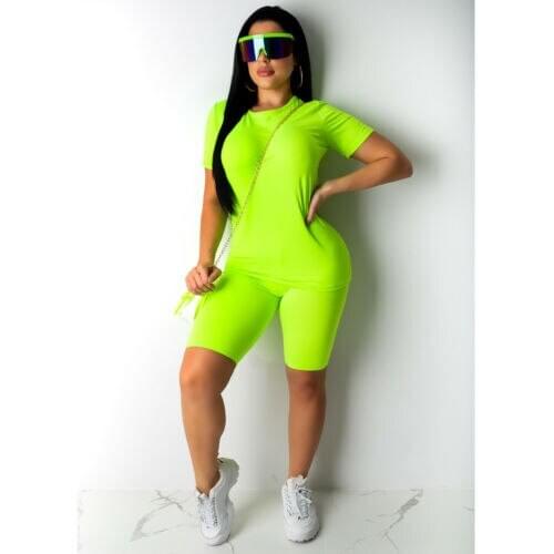 Summer Women Sports Suit Solid Color Short Sleeve T-shirt And High Waist Elastic Band Short Pants Fitness Yoga Workout Clothes