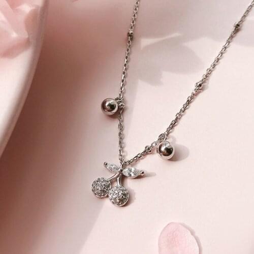 Fashion Summer Cherry Fruit Pendant Necklace Exquisite Crystal Zircon Silver Color Clavicle Chain Charming Girl Jewelry Gift