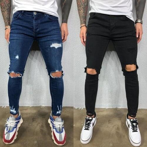 Mens Pierced Stretch Small Leg Jeans Fashion Thin Skinny Jeans Men Hiphop Trousers Clothing