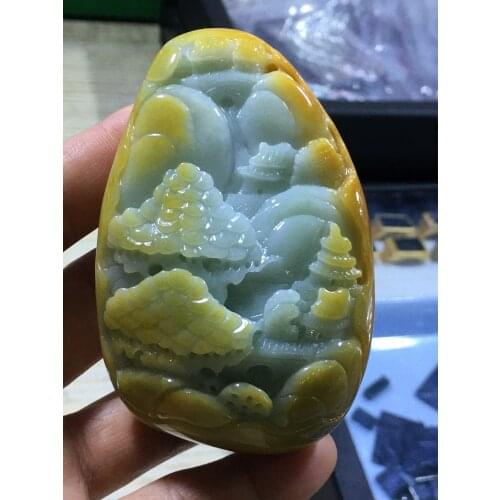 Natural Myanmar jade A HandCarved landscape jadeite jade yellow jade pendant jade necklace jewelry necklaces