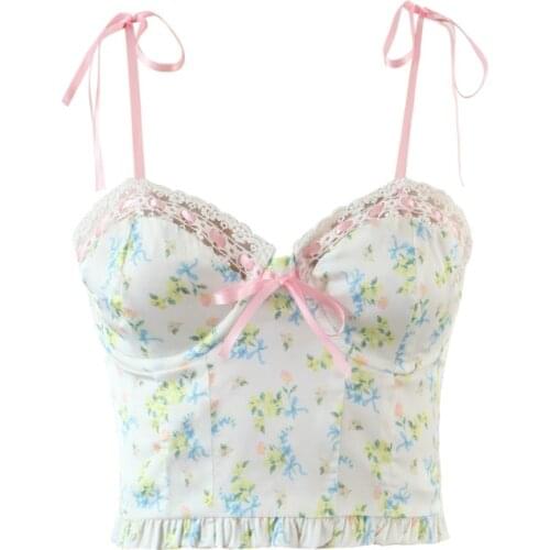 2021 New Summer Womens Tube Top Sexy Mesh Stitching Floral Print Camis Fashion Short Vest Bottoming Camis Top Womens T-shirt