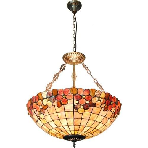 New 22" Lampshade European Stained Glass Lighting Mission 5 Lights Retro Style Shell Inverted Pendant Lamp For Living Room PL757