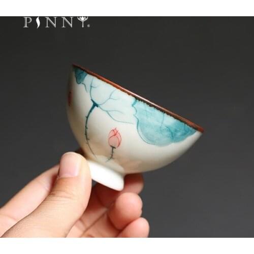 PINNY 45ML Porcelain Hand Painted Lotus Teacups Chinese Kung Fu Tea Cups Traditional Chinese Tea Bowl Ceramic Drinkware