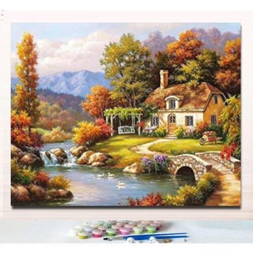 Coloring by numbers landscape pictures coloring oil paintings with paint package on canvas artwork for hoom decor