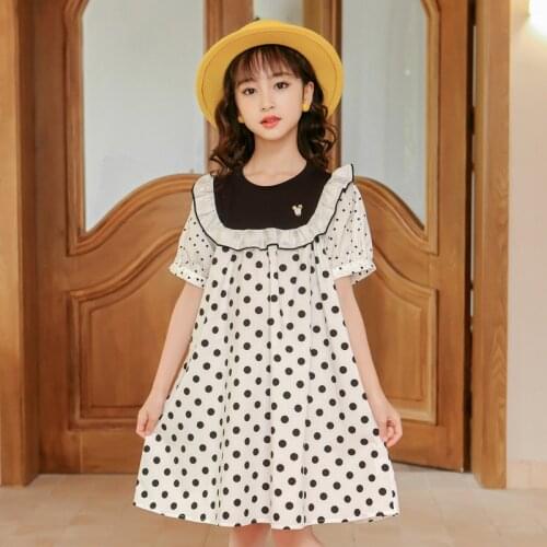 Girls Casual Dresses Fashion Dot Print Loose Hem Puff Sleeve Knee Length Gowns Summer Sandy Beach Vacation Dress 7 - 16 Years