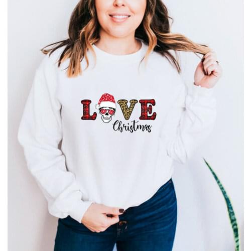 Love Mom Skull Colored Printed Christmas Sweatshirts Autumn Winter Holiday 100%Cotton O-Neck Long Sleeve Tops Gift for Mom