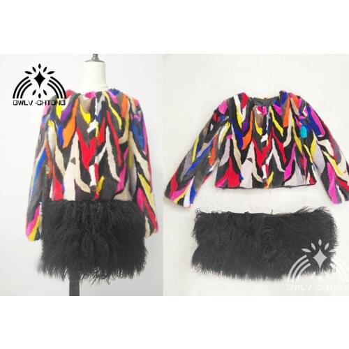 Real natural genuine multi-color colorful mink fur coat with Mongolia sheep fur hem women jacket lamb fur can be removed