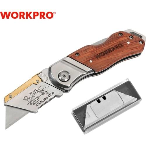 WORKPRO Heavy Duty Folding Knife Pipe Cutter Pocket Knife Wood Handle Knife with 10PCS Blades