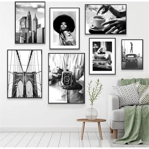 Old Camera Black And White Posters Fashion Woman Canvas Print New York City Street Wall Art Painting Modern Picture Home Decor