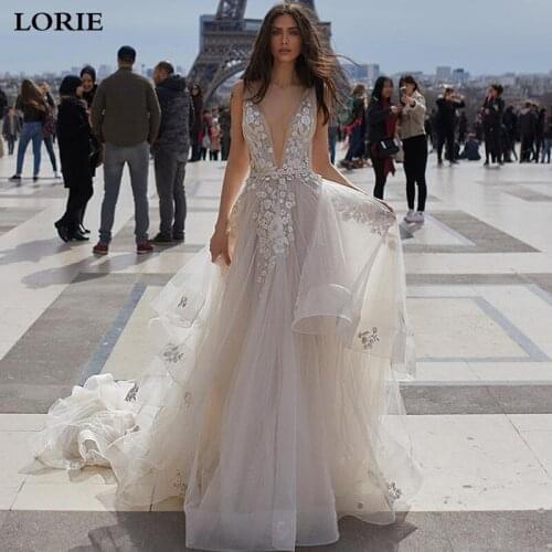 LORIE Deep V Neck 3D Flower Princess Wedding Dresses Vestido de Novia A Line Lace Bridal Gowns Backless Wedding Gowns 2020