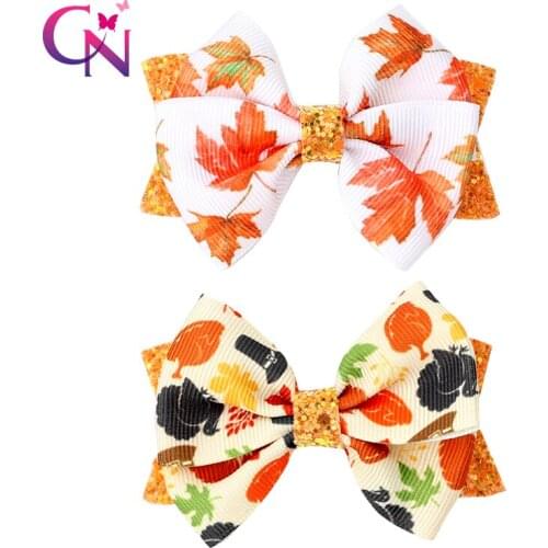 CN 2Pcs/lot 3'' Easter Day Hair Bows for Girls Leaves Printed Ribbon Hairgrips Bowknot Clips Girls Kids Hair Accessories