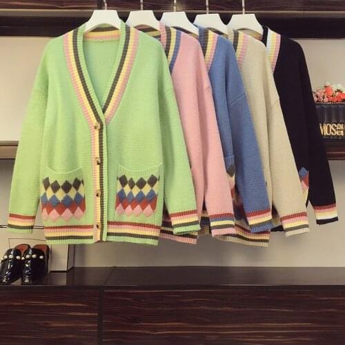 Women sweater cardigan knitted Plaid cardigan V neck Retro Vintage Geomertric Oversized Cardigans Button Up casaco feminino