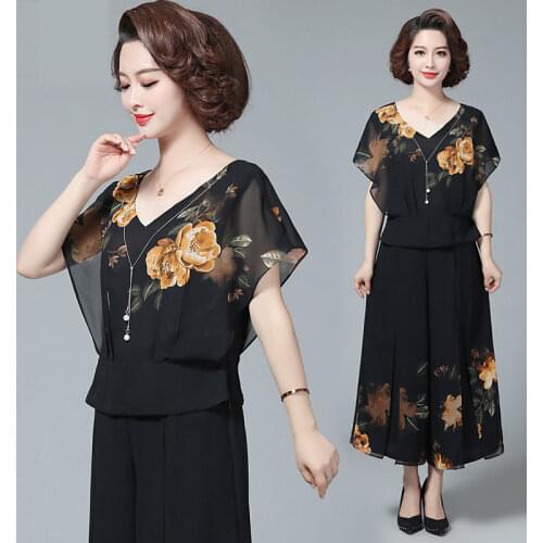 Womens Floral Printed Two Pieces Suits Set Short- Sleeved top with Pants 2020 Summer Chiffon Fashion 2 piece set plus size W229