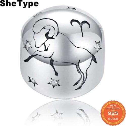 SheType 2.9g Water Sign Constellation Round Beads for Women Jewelry Making Aries Clear Star Charm 925 Solid Sterling Silver