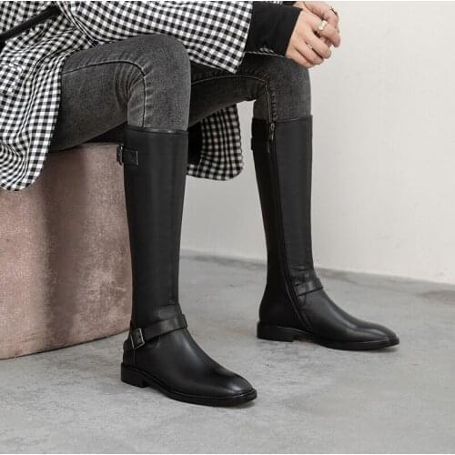 INS Women Knee High Boots Full Cow Leather Warm Boots Thick Low Heels Motorcycle Boots Punk Shoes Woman High Boots