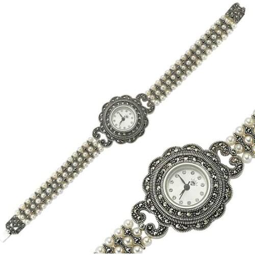 Silver Marcasite Cubic Zirconia Womens Clock