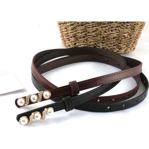 Women Belt Decorative Waist Chain Adjustable Leather Dress Waistband Elastic Thin Belt Double Pearl Buckle Elegant Cummerbunds