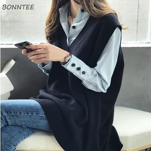 Sweater Vest Women Vintage Pure V-neck Autumn Trendy Loose Sleeveless Popular Office Lady Knitwear Retro BF Minimalist Clothing