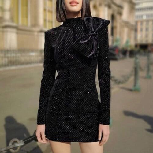 Polka Dot Womens Dress Stand Collar Long Sleeve Slim Bow High Waist Midi Dress Autumn Elegant Clothes New