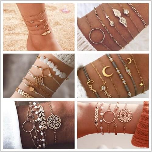 1 Set Bohemian Bracelet Set For Women Shell Star Map Lotus Pineapple Heart Natural Stone Beads Chains Bangle Boho Jewelry