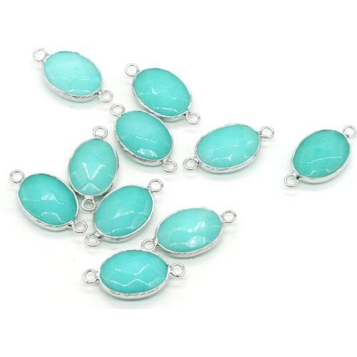 10Pcs Natural Stone Pendant Links Oval Shiraishi Plus Color Green Charm Connectors for Jewelry Making DIY Necklace Gift 14x27mm