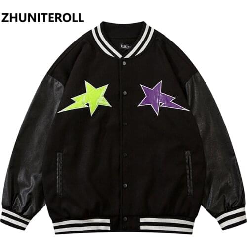 2021 Harajuku Patchwork PU Leather Jacket Men Bomber Fashion Baseball Coats Hip Hop Streetwear High Street Tops College Clothing