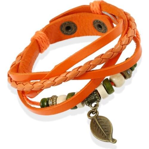 3 Color Punk Adjustable Genuine Leather Leaf Pendant Bracelets Charm Vintage Bracelets Women Bangle Creative Jewelry Gift FS034