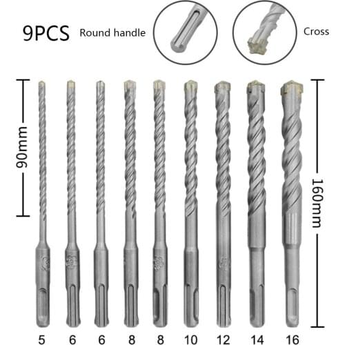 9pcs Electric Hammer SDS Plus Drill Bit Set 160mm for Concrete Wall Brick Block Masonry Hole Saw Drilling Bits 5 6 8 10 12 14 mm