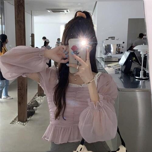 Blouse Women Womens Summer Retro Lantern Sleeve Long-Sleeved Chiffon Shirt Blusas Mujer De Moda