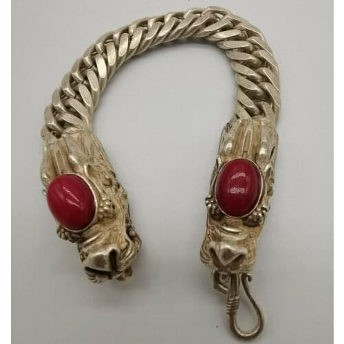 China Old Tibetan Silver Inlaid with red jade Dragon Bracelet