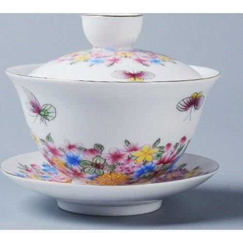 Enamel Flower Tea Tureen Ceramic Drinkware Bowl with Saucer Lid Porcelain Office Master Creative Gifts Gaiwan
