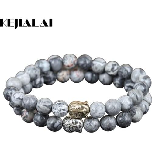 KEJIALAI 2pcs High Quality Natural Map Stone Round Beads Charm Bracelet For Women Mercy Buddha Head Men Stretch Bracelet A0549
