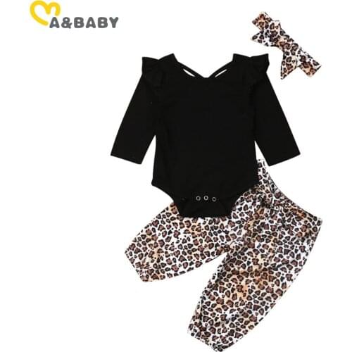 Ma&Baby 3M-3Y Spring Newborn Infant Toddler Baby Girl Clothes Set Black Ruffles Long Sleeve Romper Leopard Pants Outfits