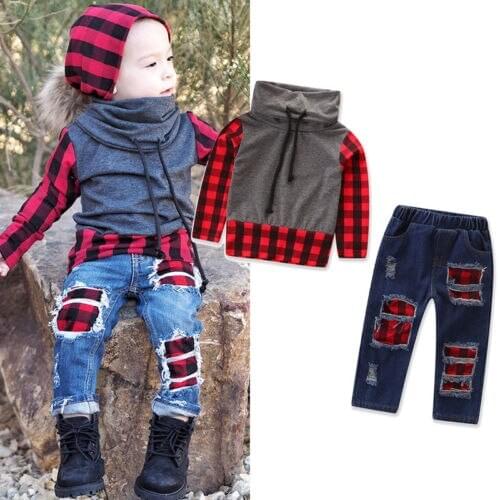 2PCS Kids Baby Boys Girls Plaid Long Sleeve Tops + Denim Jeans Pants Leggings Outfits Clothes Set