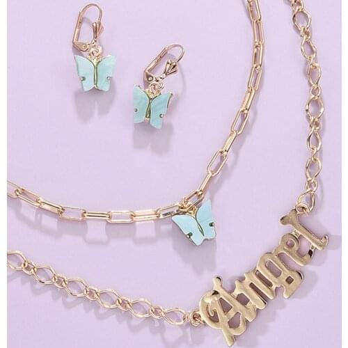 Summer Boho Style Angel Butterfly Necklace Earring Jewelry Set Sandy Beach Party Multilayer Necklace Women Jewelry Gifts