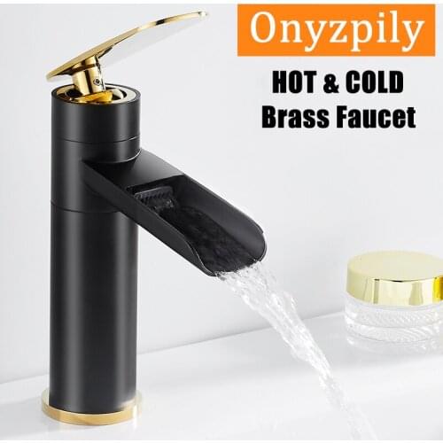 Onyzpily Black Golden Bathroom Basin Faucet Waterfall Spout Sink Faucet Water Tap Faucet Single Handle Hot Cold Water torneira
