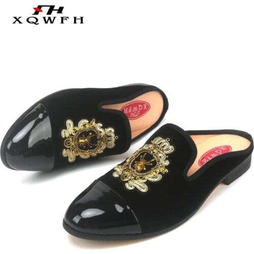 XQWFH Fashion Embroidery Men Slippers Black Patent Leather and Velvet Joint Mens Loafers Summer Sandals for Men Large Size 13.5