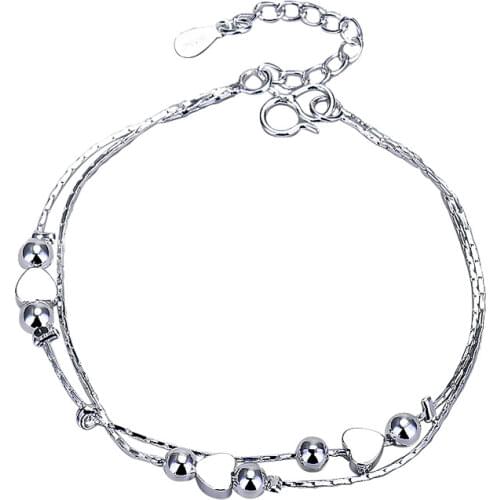 Fashion 925 Sterling Silver Bracelet Double Layer Beaded Ball Heart Link Birthday Womens Chain Bangle Wedding Jewelry Gifts