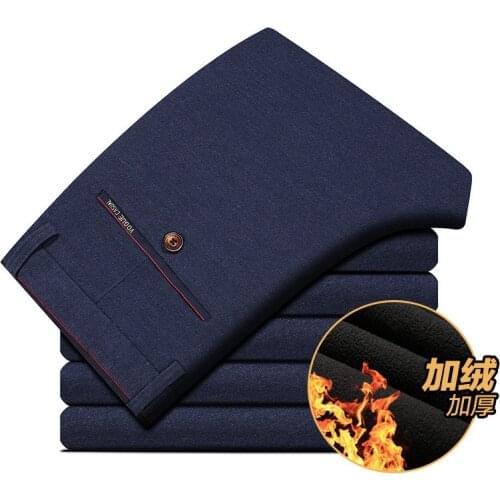 2021 Winter New Men Warm Casual Pants Business Casual Elasticity Slim Thick Plus Velvet Trousers Male Brand Clothes Khaki Navy