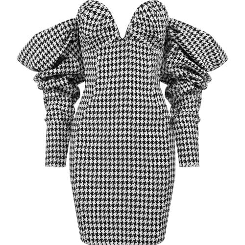 2021 New Elegant Bandage Dress Sexy Puff Sleeve V Neck Party Club Celebrity Bodycon Dresses Ladies Clothing Spring Autumn Dress