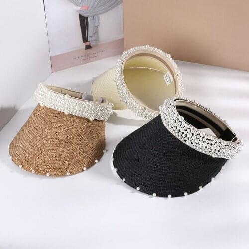 New Pearl Straw Empty Top Caps Outdoor Breathable Travel Sun Hats Anti-UV Female Holiday Beach Hat Ladies Summer Shade Caps