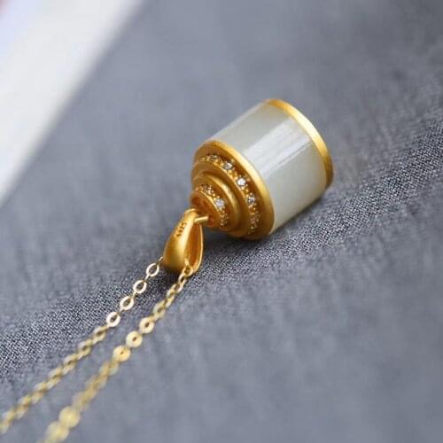 New silver inlaid natural Hetian Chalcedony barrel Pendant Necklace Chinese style palace retro small charm womens jewelry
