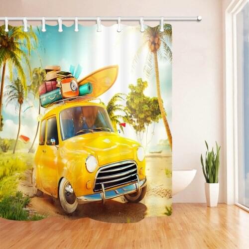 Cartoon Car Shower Curtains Summer Ocean Beach Vacation Surfing Coconut Tree Bathroom Set Waterproof Polyester Fabric Curtain