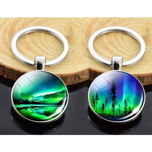 Green Northern Lights Key Chain Pendant Double Side Glass Art Cabochon Keyring Universe Planet Keychain Astronomy Lover Gift