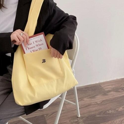 Woman Shopping Bags Cotton Canvas Shoulder Bag Large Handbag School Yellow Casual Totes with Outside Pocket