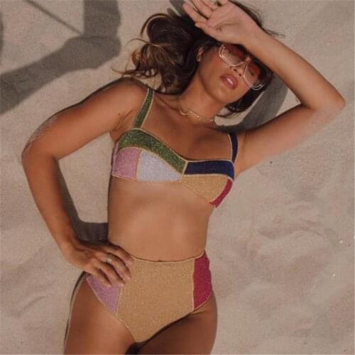 2021 Women Splicing Bikini Set Beachwear Two Piece Low Cut Sleeveless Back Tie Up Bra High Waist Panties for Summer Beach Wear