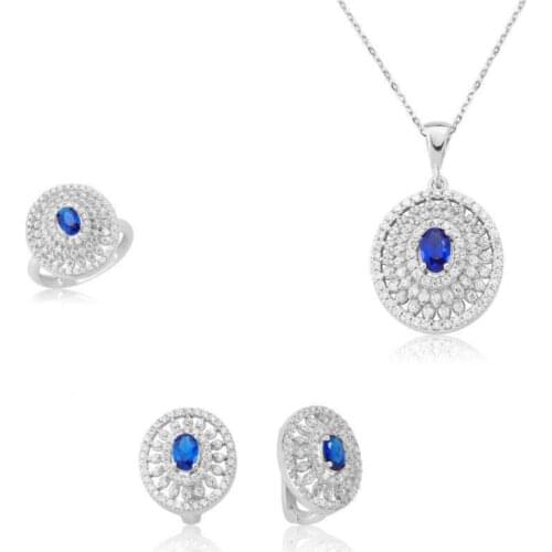 Womens Blue Flower Pattern Silver Set, earring pendant ring