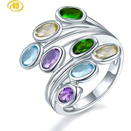 Hutang Multi-color Natural Gemstone Sterling Silver Ring 2 Carats Geniune Crystals Women Elegant Romantic Style S925 Jewelrys