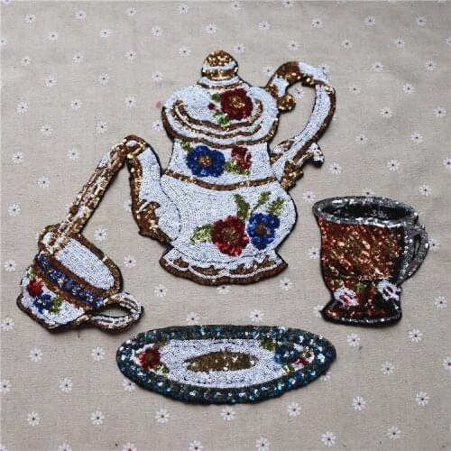 1set/lot New sequins tea cup teapot patch decorative clothing accessories manual DIY beads cloth T-shirt coat patch A732