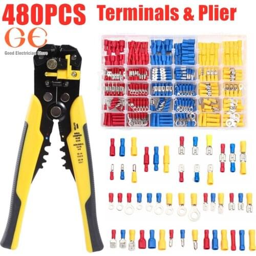 480PCS Insulated Cable Connector Electrical Wire Crimp Spade Butt Ring Fork Set Ring Lugs Terminals Cable Stripper Crimp Plier
